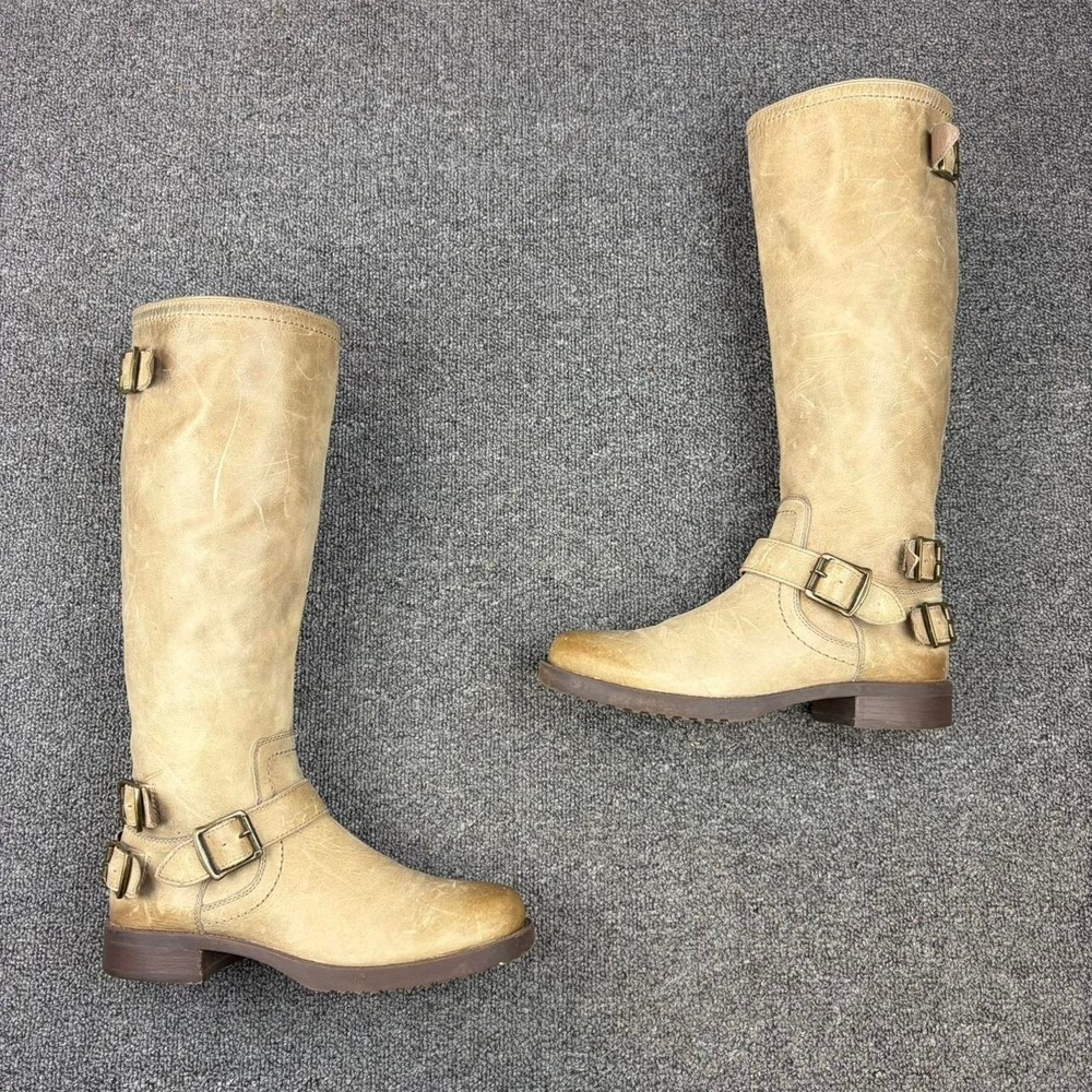 Arturo Chiang Tan Leather High Buckle Strap Zip Up Tall Campus Riding Boots Sz 8